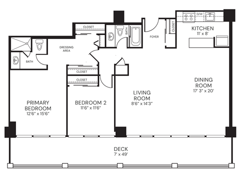 Floor plan for 2 beds, 2 baths, 1245 sqft